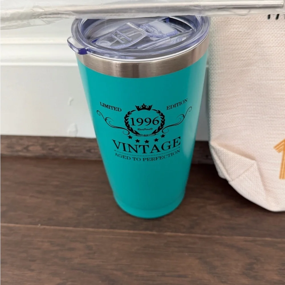 Canvas Cosmetic Pouch in Cream with Rainbow 1996 Print and Teal 1996 Travel Cup